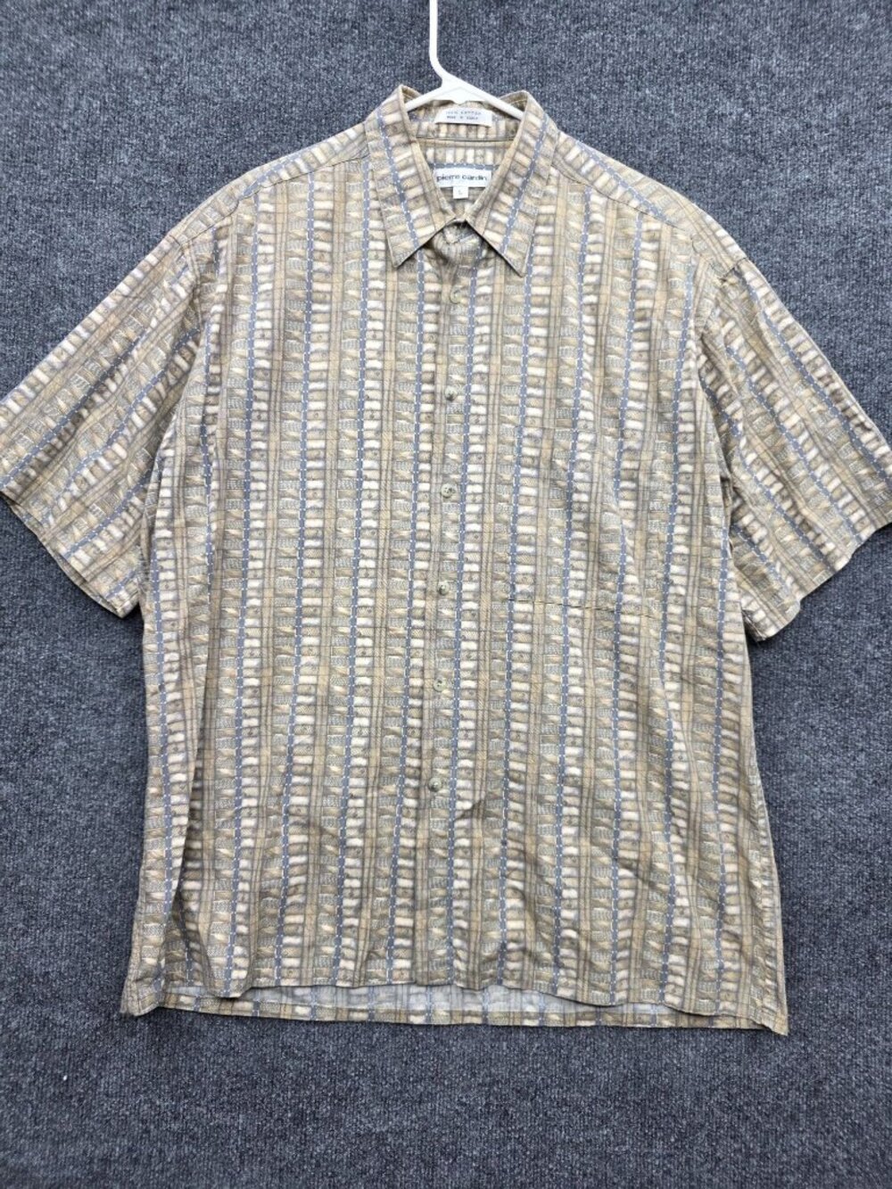 Pierre Cardin Mens Cotton Geo Button Up Shirt L Beige 90s Y2K Retro Grandpacore